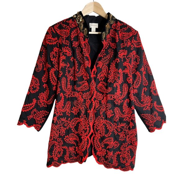 Chico’s Size 2 US 12 L Red Embroidered Paisley Sequin Jacket Blazer Boho Dress - Picture 1 of 7